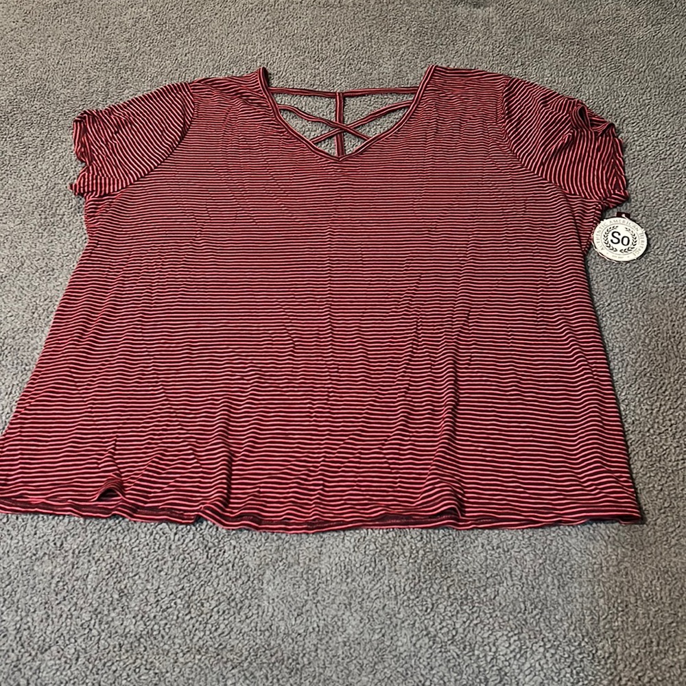 SO, NWT, Size 2X, Criss Cross Front, Pink, Burgundy, Stripe, Short Sleeve.